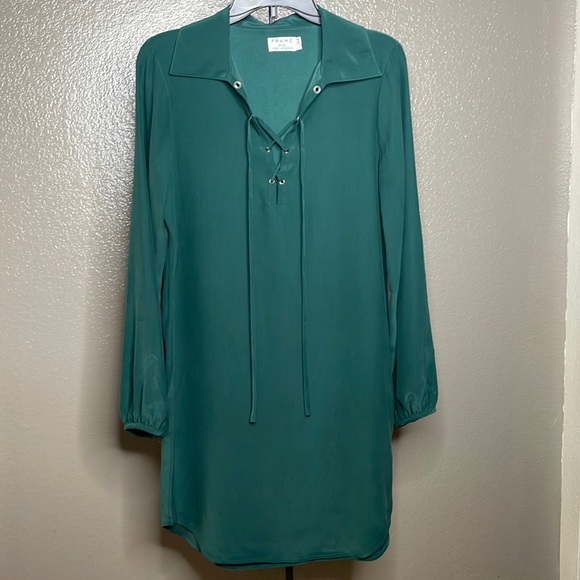 FRAME Sz Small Spruce Color 100% Silk Shirt Lace detail Like New Tunic Style - Picture 1 of 7